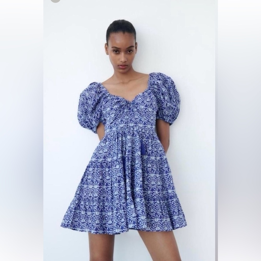 Zara xs blue puff sleeve mini dress ; worn once